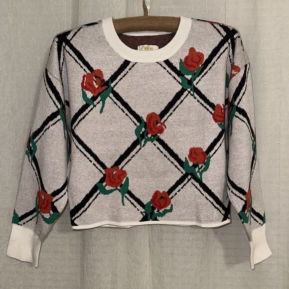 Anthro XXSP Maeve White Oversized Crop Crewneck Trellis Floral Pullover - Picture 10 of 17